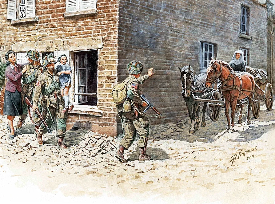 Master Box Models 1/35 "France 1944" - 5 Figures Set (3 U.S. Paratroopers, A Girl, Mother And Nun) With 2 Horses And French Telega