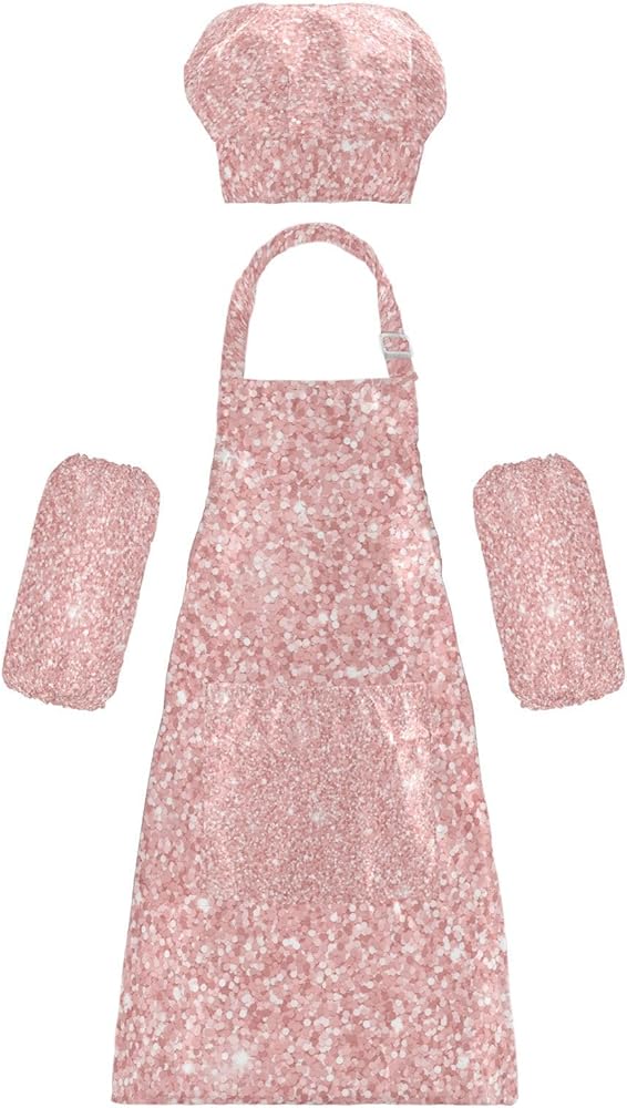 Kid Chef Apron Hat Waterproof Rose Gold Pink Glitter Toddler Chef Hat Apron Baking Set for Arts Crafts Gift