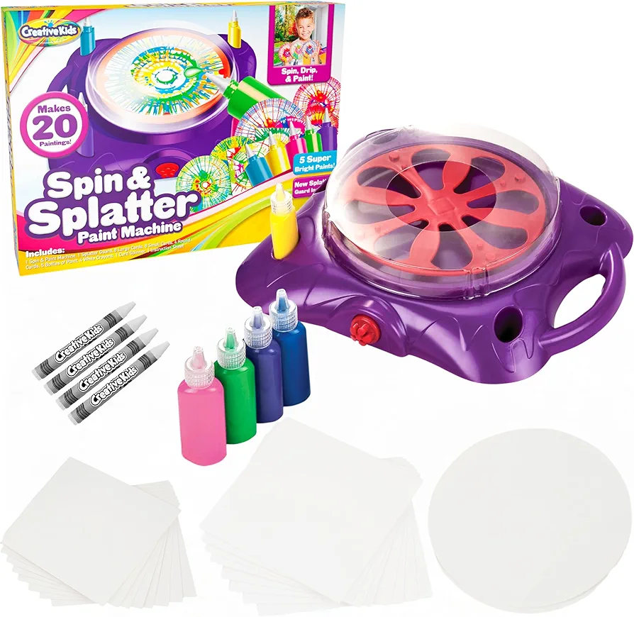 Creative Kids Spin & Paint Art Kit - Spinning Art Machine + Flexible Splatter Guard + 5 Bottles of Paint + 8 Large, 8 Small, 4 Round Cards + 4 White Crayons | Preschool Toddlers, Children & Adults, 6+