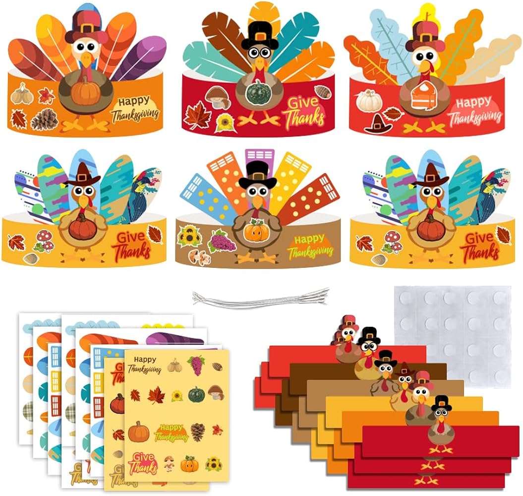 24Pcs Thanksgiving Turkey Headbands Fall Thanksgiving Craft Kits DIY Turkey Hats with Fall Leaf Pumpkin Turkey Feather Stickers Googly Eyes Art Sets for Kids Party Classroom Activities