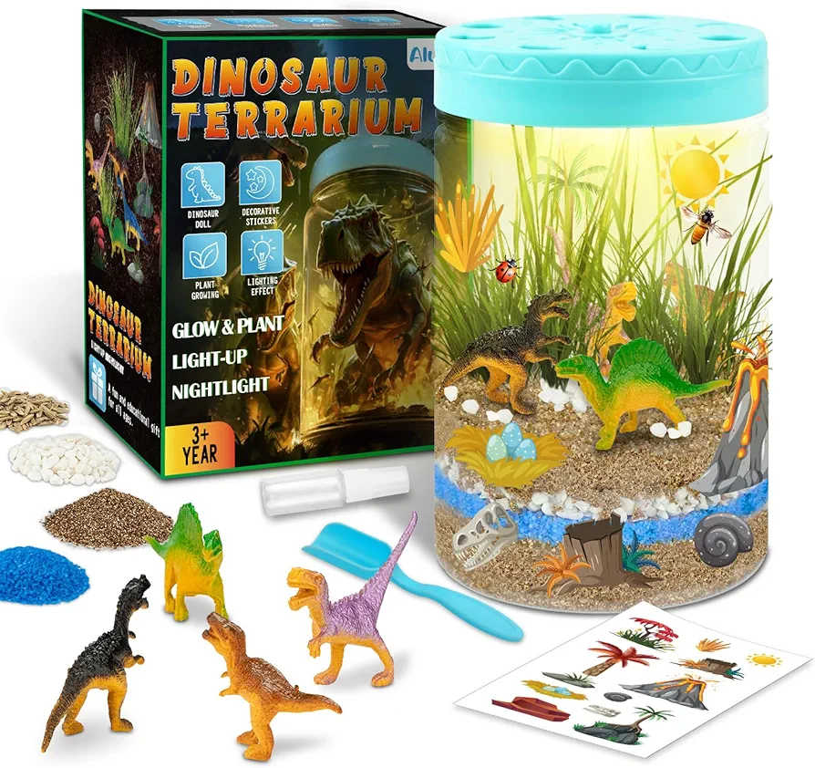 Light Up Dinosaur Terrarium Kit for Kids, Educational Science Kits Gardening Kit for Kids Boys and Girls, Creative Dinosaur Toys for Boys, Arts and Crafts for Kids Birthday Gifts for Ages 4 5 6 7 8-12