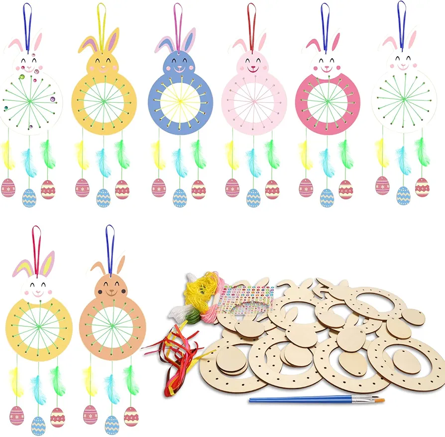 8 Pack Bunny Craft for Kids Paint You Own Easter Bunny Dream Catcher Craft Kit DIY Coloring Wooden Easter Art and Craft for Art Activity Project Easter Decoration
