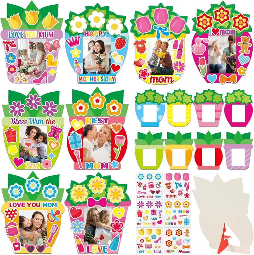32 Sets Mother's Day Picture Frame Craft Kit for Kids DIY Love You Mom Photo Frame Craft Set with Easel Flower Plant Paper Craft Arts with Stickers for Mama Home Classroom Party Game Activity