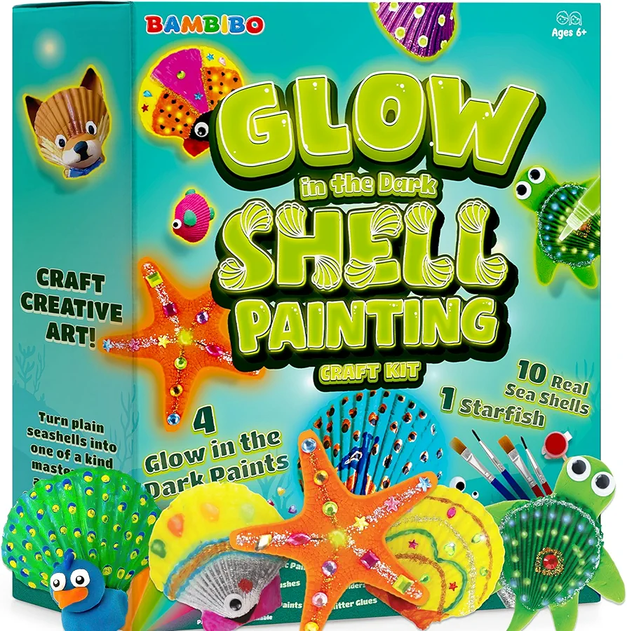 Bambibo Shell Painting Craft Kit for Kids - MEGA Pack, 54 in 1 | Glow in the Dark Shell Painting Kit | Large Art Kit for Kids Ages 8-12 | Kids Sea Shell Painting Kit | Shell Painting Kit for Kids 6-12