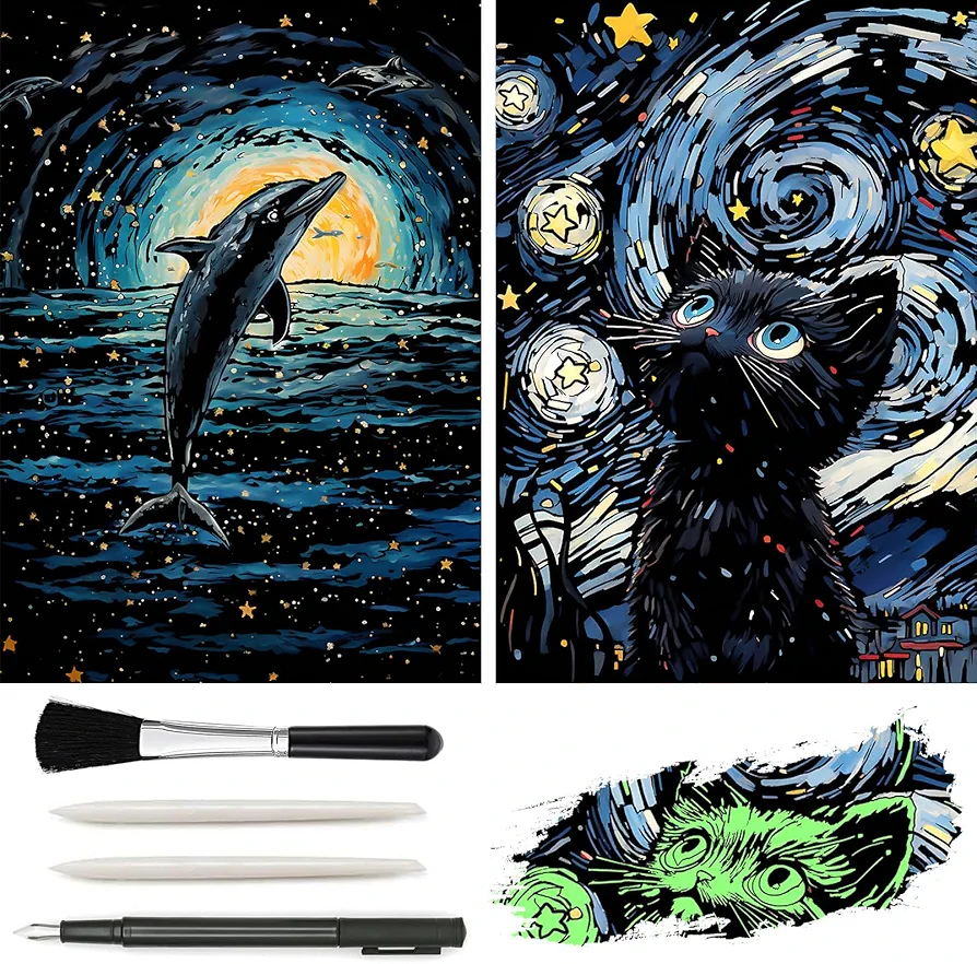 VTEAS Glow in The dark Scratch Art Rainbow Painting Paper, 2 PACK Van Gogh Style Engraving Art Creative Craft Tools Set, Fun Magic DIY Sketch Card Scratchboard for Kids & Adults (Dolphin + Cat)