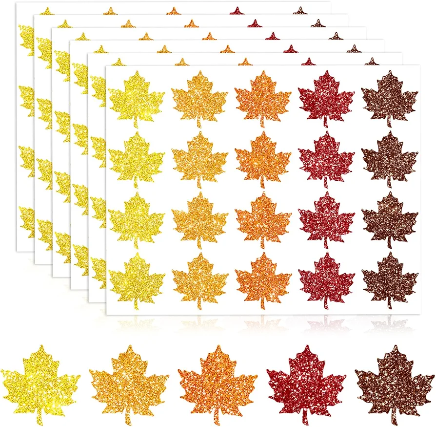 Whaline 500Pcs Fall Maple Leaf Stickers 5 Colors Glitter Autumn Decals Shinny Self Adhesive Labels for Thanksgiving Party Cards Seal Envelopes Home Window Door Supplies