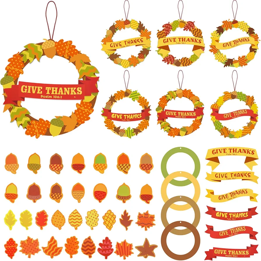 Crtiin 24 Sets Thanksgiving Wreath Crafts for Kids Give Thanks Thanksgiving Craft Kits DIY Fall Leaf Wreath Craft Decorations with Leaves Acorns Ribbon for Autumn Classroom Activities Art Project
