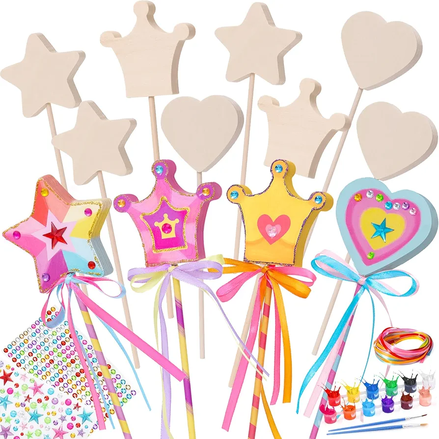 Atoylink 47Pcs Princess Wand Kit, 12 Thick Unfinished Wood Crafts for Kids Make Your Own Fairy Wands Stickers Ribbons DIY Magical Wand Arts and Crafts for Girls Boys Gifts