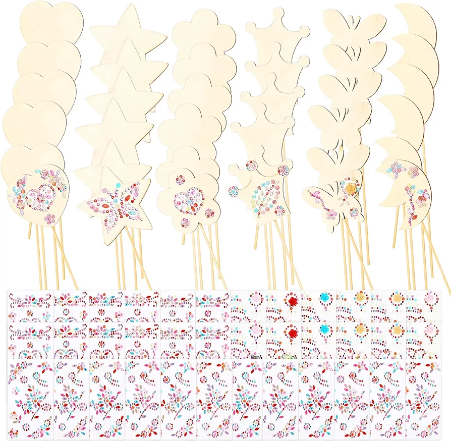 Sherr 72 Pcs Make Your Own Princess Fairy Wands Kit Includes 36 Wooden Wands and 36 Gem Stickers DIY Crafts Moon Star Heart Crown Magical Wand for Girls DIY Art Craft Making