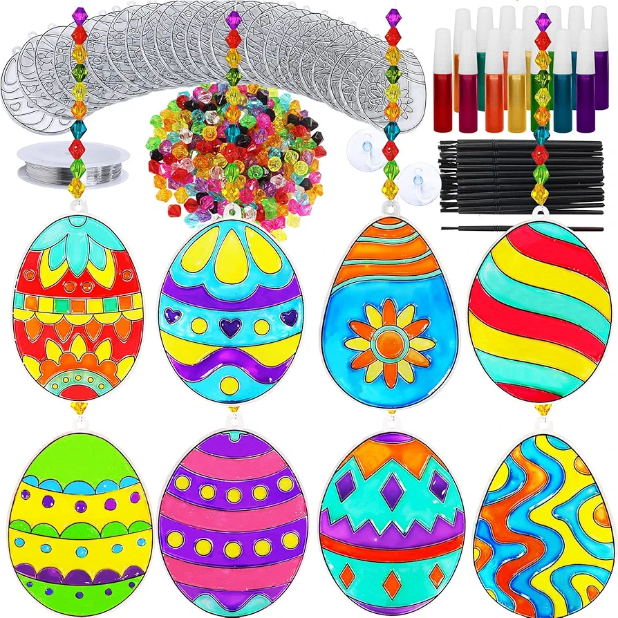 24 Sets Easter Egg Suncatcher Ornaments Decoration DIY Window Paint Art Stickers Craft Kit 8 Designs Easter Egg Suncatchers for Kids Classroom Easter Spring Activity Art Projects Basket Party Favors
