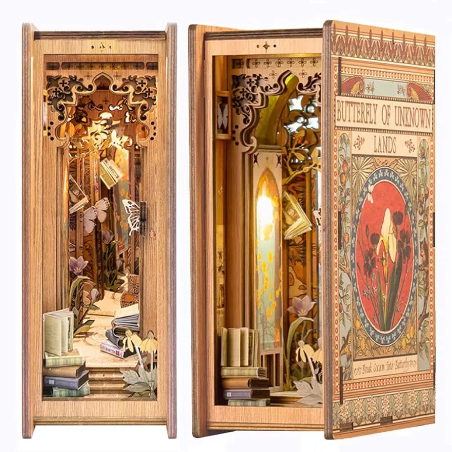CUTEBEE DIY Book Nook Kit, DIY Dollhouse Miniature House Kit Booknook Bookshelf Insert Decor Alley for Adults and Teens, Model Build Gift Kit with LED Light (Butterfly of Unknown Lands)
