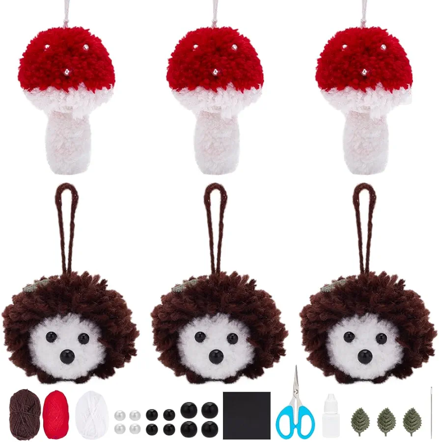 WEBEEDY 6 Sets Pom Pom Ornament DIY Arts and Crafts Kit with Mushroom Hedgehog Pompoms for Girls Women Backpack Purse Bag Costume Accessories Keys Decoration