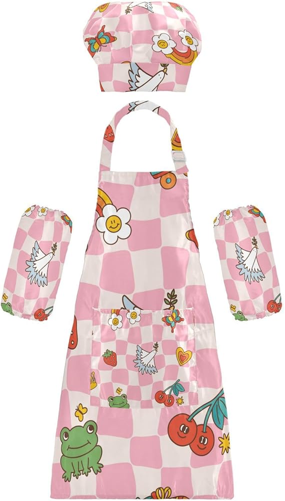Kids Apron Set Comfy Groovy Pink Check Frog Butterfly Child Apron with Pockets for Art Painting