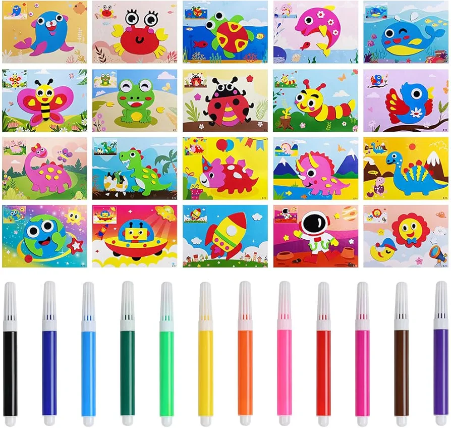 OSDUE 21 Pieces EVA Foam Art Crafts Gift Kit, 3D EVA Foam Sticker Puzzle Game, DIY Cartoon Animal Painting Stickers for Kids Ages 4+ Toddler, Preschool Learning Toy for Easter Birthday Party Favor