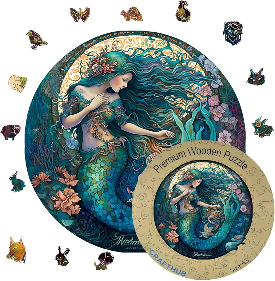 Mystical Creatures Wooden Puzzles for Adults – A3 Dreamy Mermaid with 127 Pieces – Jigsaw Puzzle with Unique Shapes – Family Games for Kids and Adults – 10.9"x10.9" (27.7cm x 27.8cm)