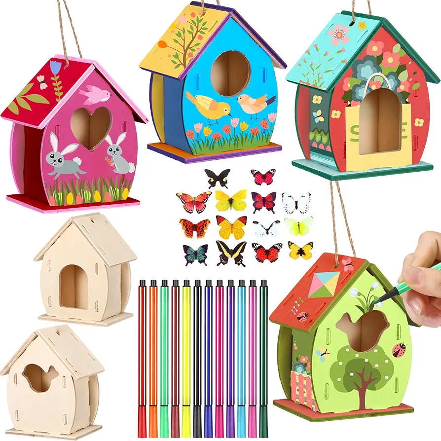 Outus 12 Pcs Wooden Birdhouse Craft Kits to Build, 4 Shapes Wooden Unfinished Bird House with Watercolor Pen and Butterfly Sticker for Boy and Girl Arts and Crafts Bulk Painting Kits (Lovely Style)