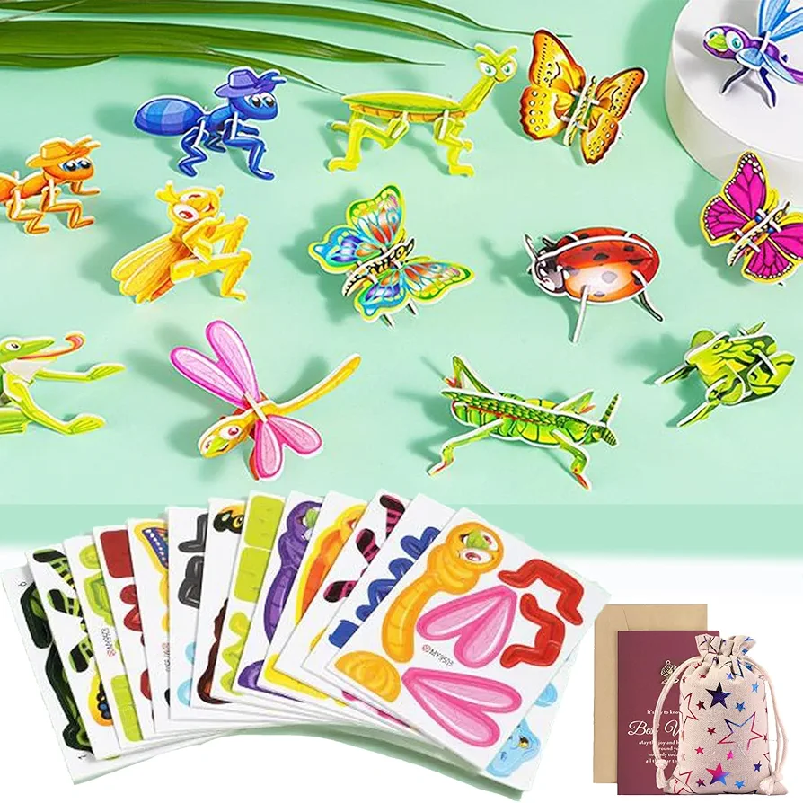 Flowarmth Educational 3D Cartoon Puzzle, Educational 3D Cartoon Puzzles, DIY 3D Animal Jigsaw Puzzles Art Crafts for Toddler Kids, Art Crafts Gifts for Boys Girls (Insects)