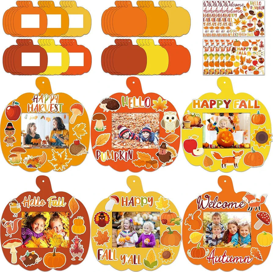 30 Packs Fall DIY Picture Frames Craft Kit for Kids, Autumn Pumpkin Photo Frames Ornaments for Thanksgiving Decorations Favor Fall Art Gift Classroom Home Activities