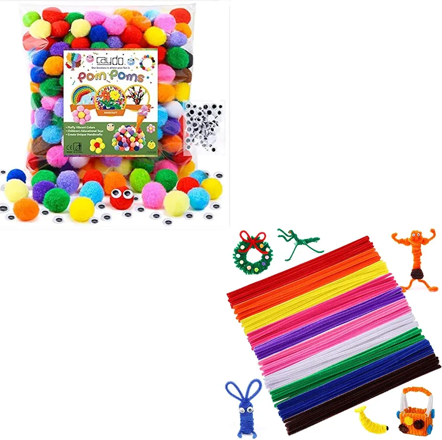 Caydo 300 Pieces 1 Inch Assorted Pompoms with 100 Pieces Wiggle Eyes with 100 Pieces Pipe Cleaners in 10 Colors for Art and Crafts, DIY Art Creative Crafts Project Decoration