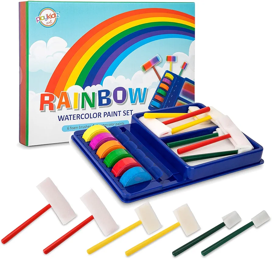 Rainbow Watercolor Washable Classic Colors Painting Set, 12 Piece Complete Paint Set For Kids, Includes 6 Foam Paintbrushes and 6 Watercolor Paints.