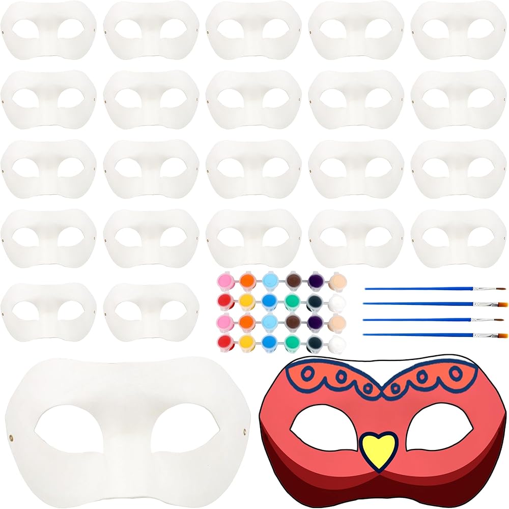 24 Pack White Paper Masks Half Face DIY Blank Masks Paintable Paper Art Craft Masks with 8 Pcs Painting Props for Art Crafts Mardi Gras Halloween Cosplay Party