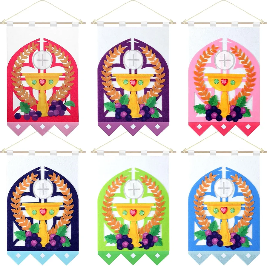 6 Sets First Communion Banner Kits 9 x 12 Inches Felt Holy Communion Banner Kits Sunday School DIY Arts and Crafts Kit for Kids First Communion Gifts for Boys or Girls