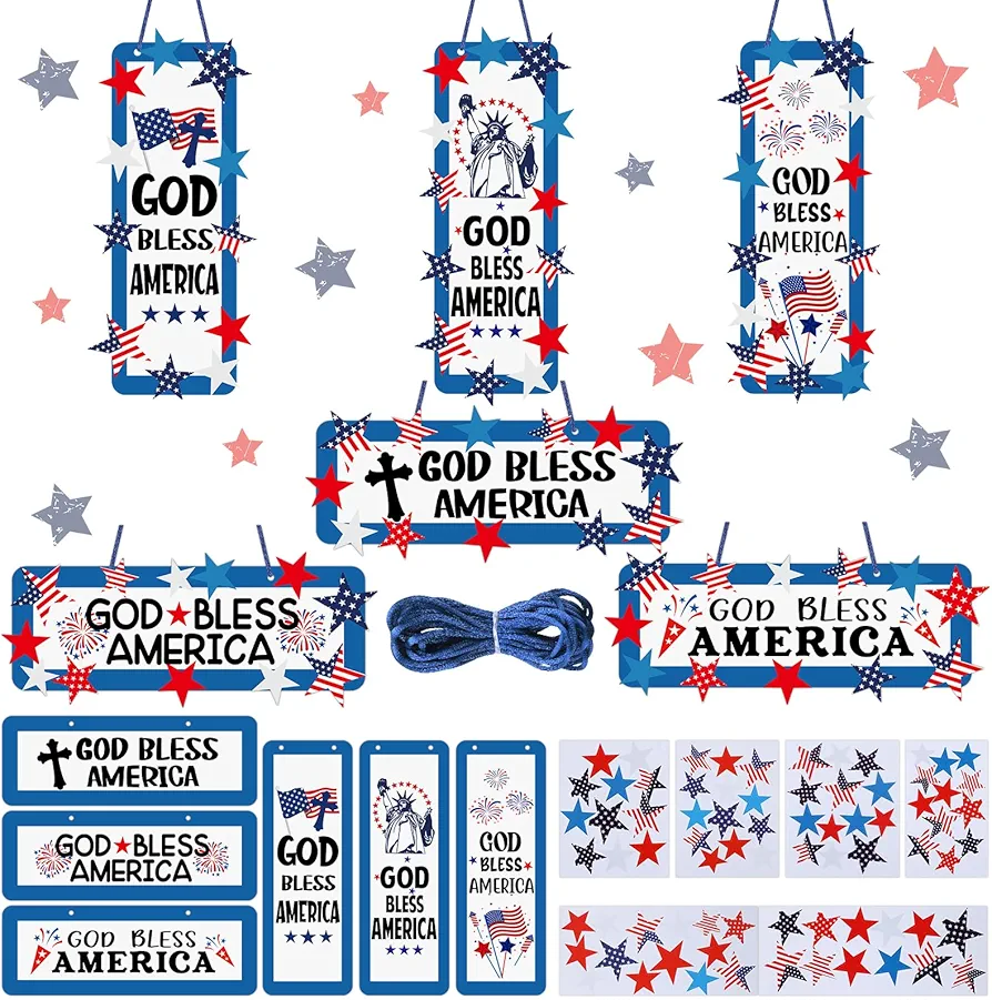 Relaxgiant 24 Sets 4th of July Sign Craft Kit for Kids God Bless America DIY Craft Flag Star America Patriotic Crafts for Home Classroom Game Activities Party Favor Decorations