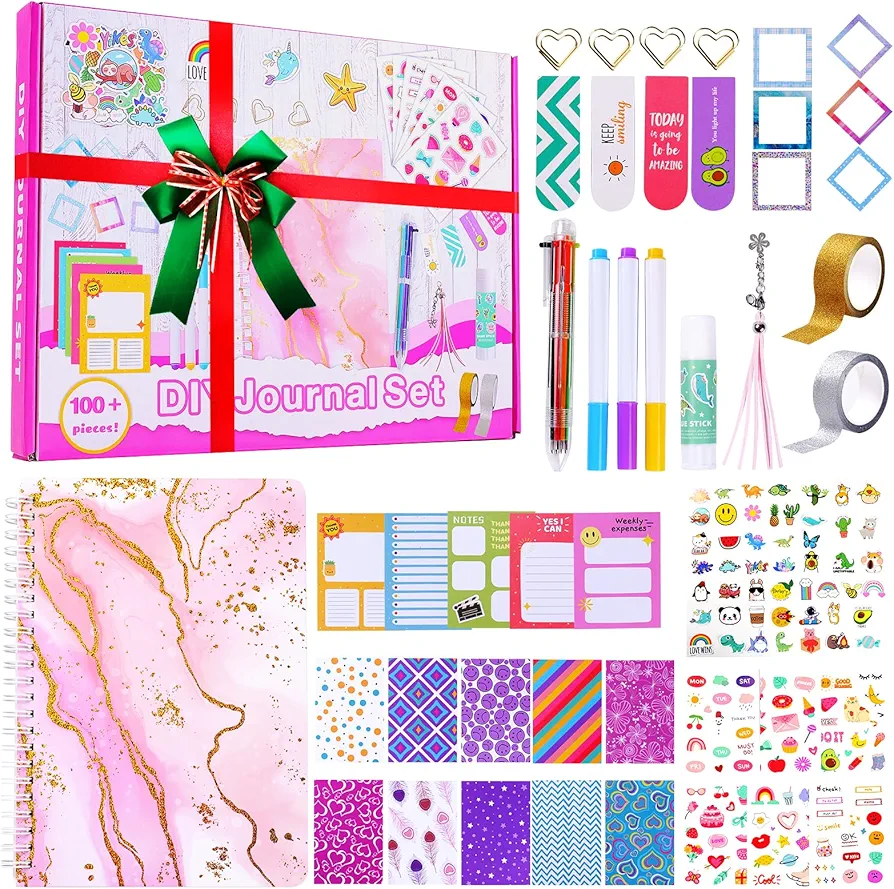 Souroyea DIY Journal Kit for Girls，90Pcs Journal Set for Tween Girls, Christmas Day & Birthday‘s Gifts for 7 8 9 10 11 12 13 14 Year Old Girl，Stationery Set, Scrapbook & Diary Supplies Set （Pink）
