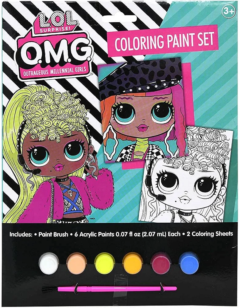 L.O.L. Surprise! OMG Coloring Paint Set - Entertaining LOL Surprise! Kids Art Set, Includes 6 Acrylic Paint Set, Brush, and 2 Coloring Sheets, Fun Children Painting Set Activity for Boys and Girls