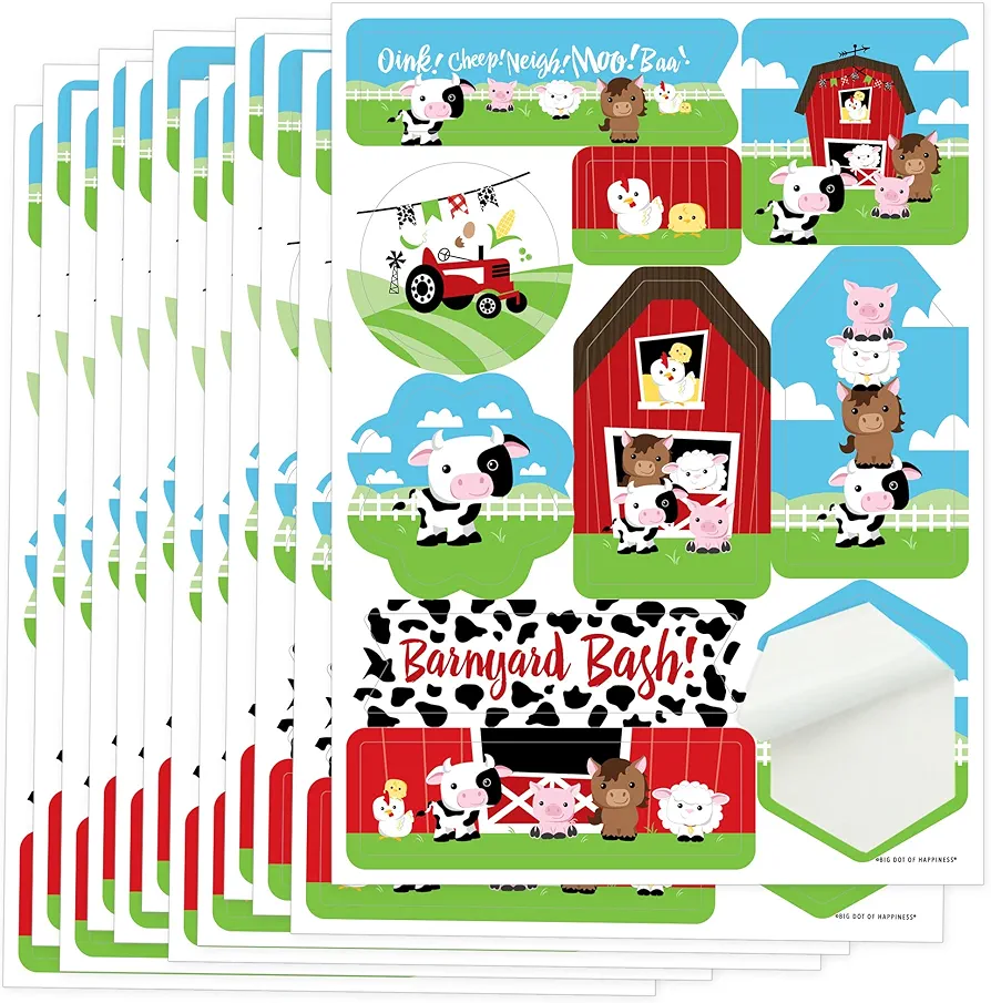 Big Dot of Happiness Farm Animals - Barnyard Baby Shower or Birthday Party Favor Sticker Set - 12 Sheets - 120 Stickers