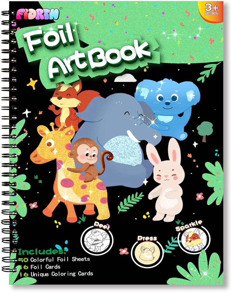 FIDRTH Art Craft Activity for Kids: Foil Fun DIY Travel Toys Supply Set, No Mess Creative Art Kit, Funny Birthday Christmas Gift for Girl Boy Ages 4, 5, 6, 7, 8, 9 (Funny Animals)