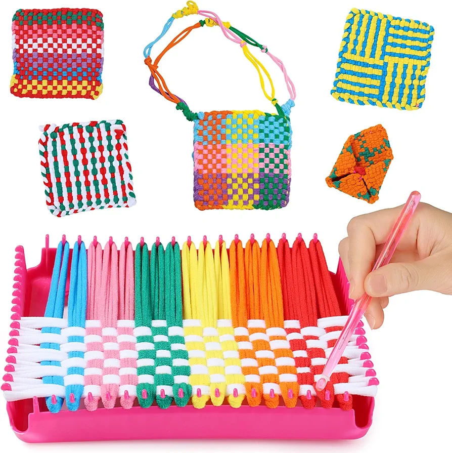 DIY Weaving Loom Craft Kit for Kids Adults - Easy Beginner Friendly - Rainbow Color Loops to Make 7 Potholders - Ideal Birthday Gift