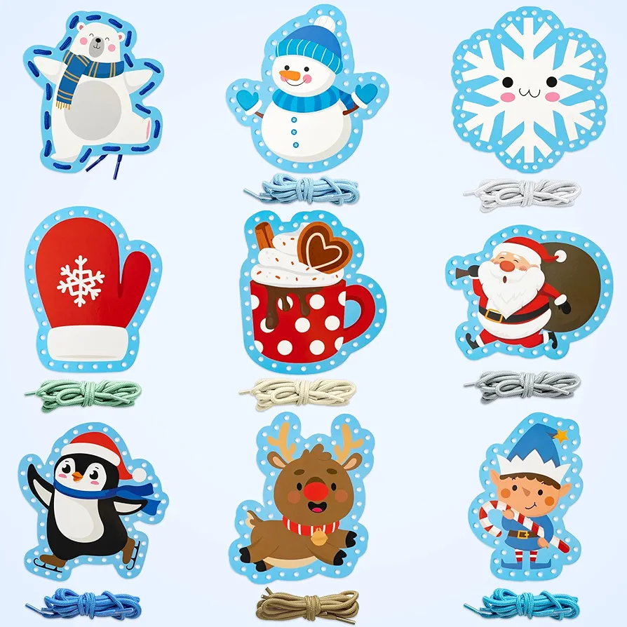 9Pcs Winter Lacing Cards for Kids, Merry Christmas Lace & Trace Party Favors Activity Games Sewing Kits with Rope Developing Imagination Santa Claus Polar Bear Arts Craft Supplies for Toddler
