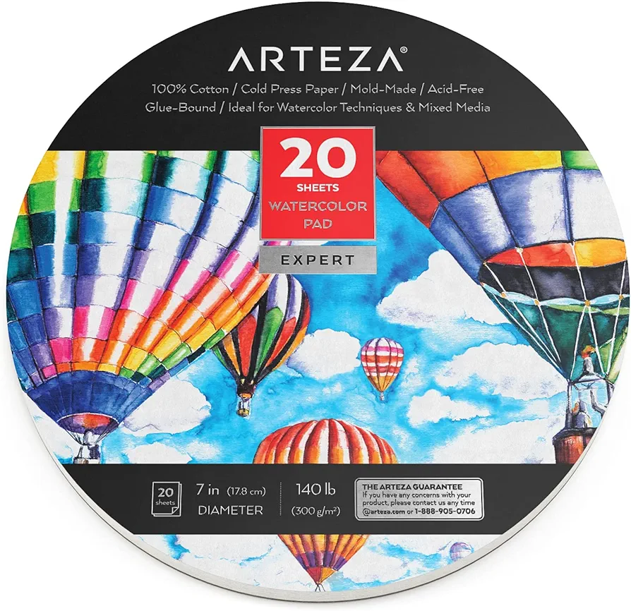 ARTEZA Watercolor Paper, 20 Sheets, 7 Inch Diameter Round Paper Pads, 140lb/300gsm, 100% Cotton, Cold Press, Acid Free Art Paper