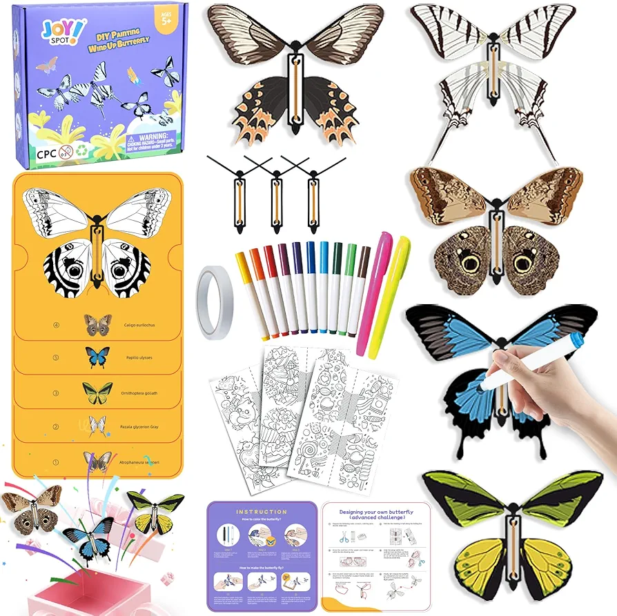 20 Pcs DIY Painting Wind Up Butterfly Toy, Kids Paper Craft Kits, 8 Paper Butterflies & 12 Pens, Make Your Own Magic Butterfly, Surprise Card Insert Rubber Band Butterfly, Parent-Child School Activity