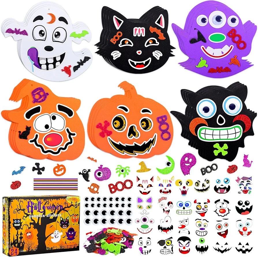 Natonhi 270Pcs Halloween Crafts Halloween Activitie Art and Craft for Kids Halloween Foam Pumpkin Cat Bat Ghost Self Adhesive Glitter Stickers Kits for Party Gift Craft Decorations