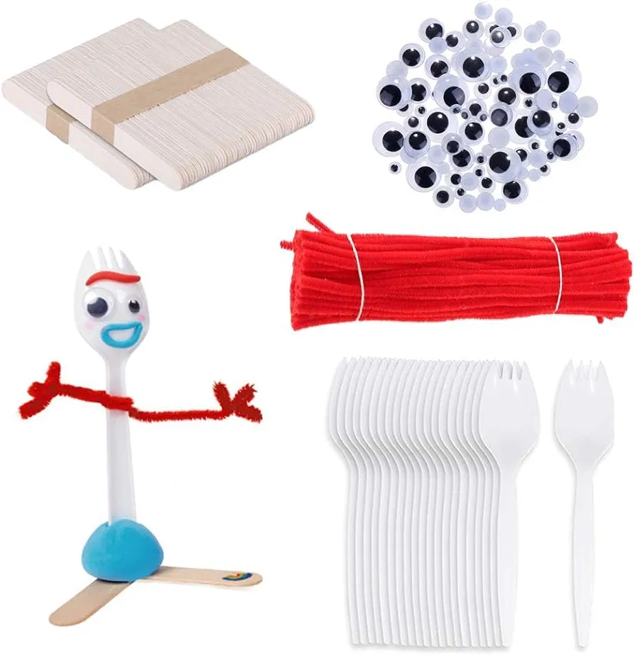 Fork Creativity Set, Plastic Sporks Red Pipe Cleaners Clever Eyes Popsicle Stick