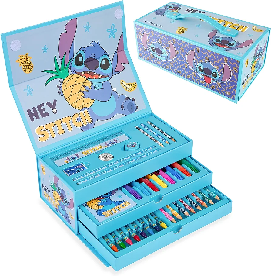 Disney Stitch Colouring Pencils for Kids Colouring Pens Crayons Art Supplies in Art Box Kids Colouring Sets 30 Plus Pieces Travel Case Stitch Gifts for Kids