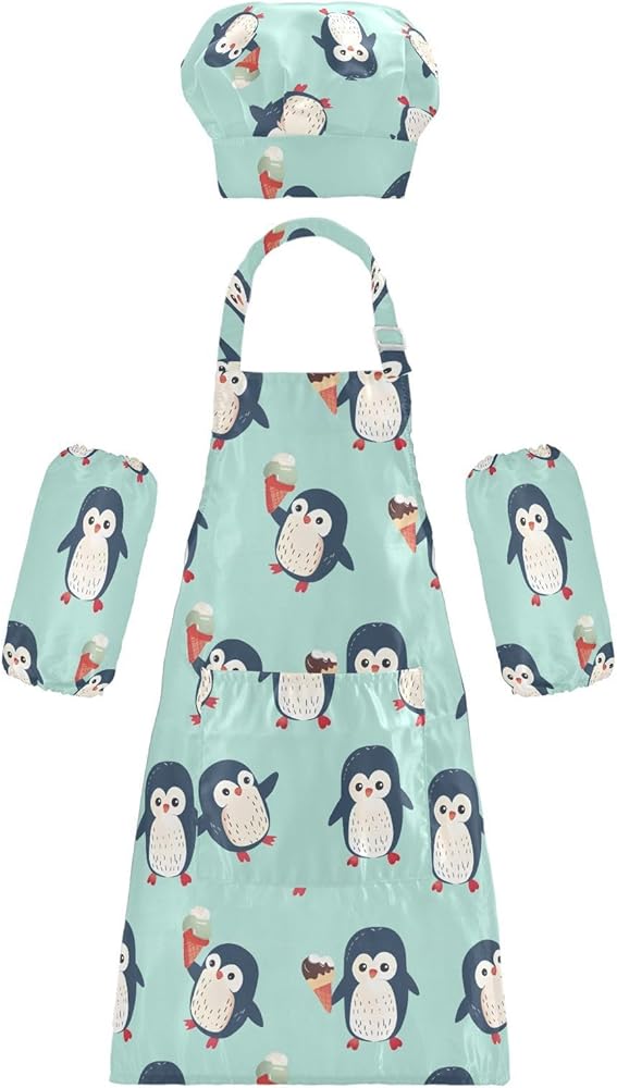 Cute Penguins Ice Cream Kids Apron And Chef Hat Set for Boys Girls Cooking Adjustable Aprons Toddler Child Apron with Pocket Waterproof Chef Art Gardening Apron for Painting Baking Crafting