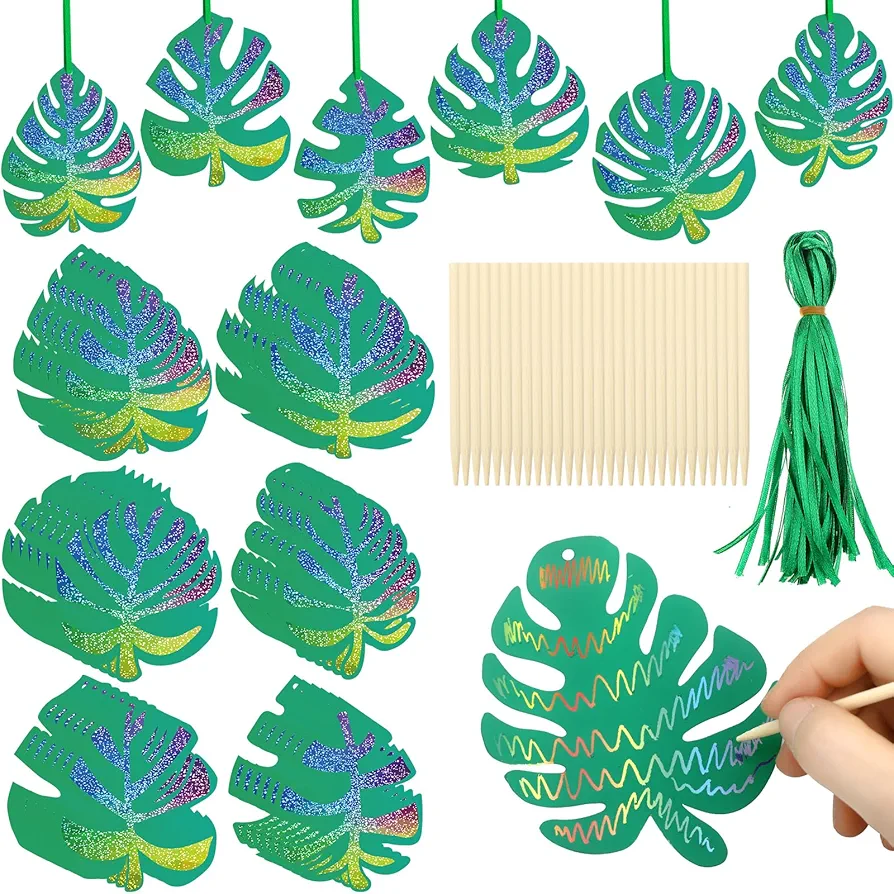 36 Sets Palm Sunday Crafts for Kids, Religious Palm Leaves Scratch Hanging Ornaments DIY Rainbow Christian Easter Crafts Kits with Wood Stick and Ribbon for Palm Sunday Party Decor