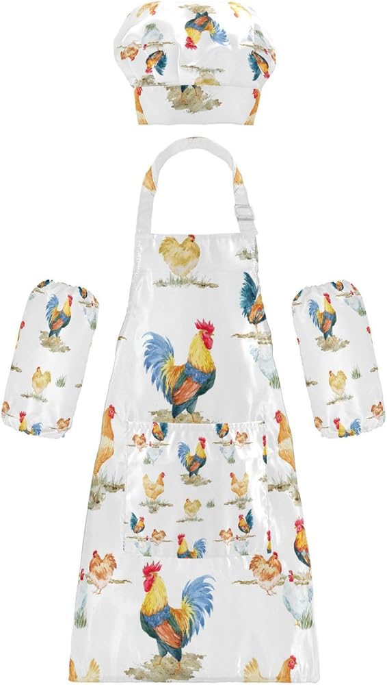 Kids Smocks Creative Rustic Farmhouse Rooster Retro Kids Cooking Apron with Pockets for Kids Cooking Baking Painting