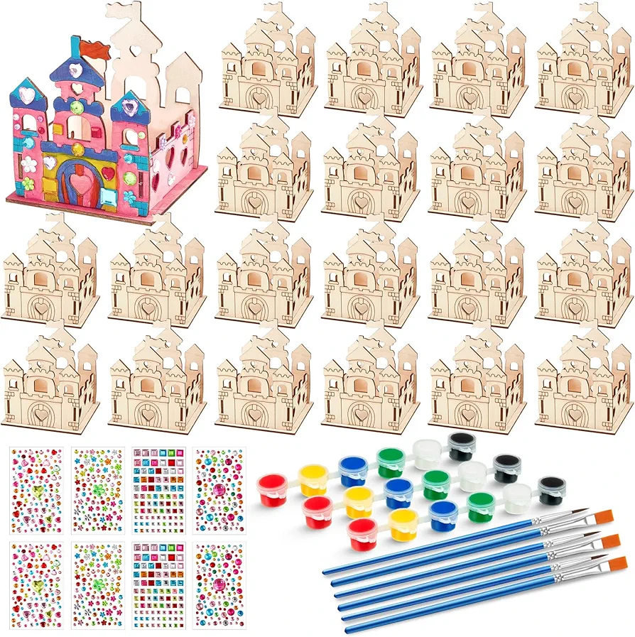 Zhanmai 24 Set Paint Wooden Castle Crafts Kit DIY Princess Castle Wooden Crafts Kit with Paint Brushes and Rhinestone Stickers for Kids Girls Princess Birthday Party Game Activity