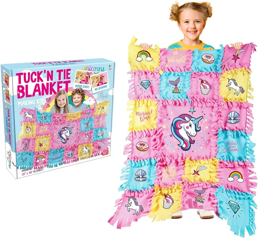 EDUMAN Unicorn Tuck N' Tying Fleece Blanket Kits | DIY Crafts for Girls Ages 6+ | Arts & Craft Gifts Ideas for Kids | No Sewing Required Quilts | Creative Handicraft Tying Knots Toys for Girls