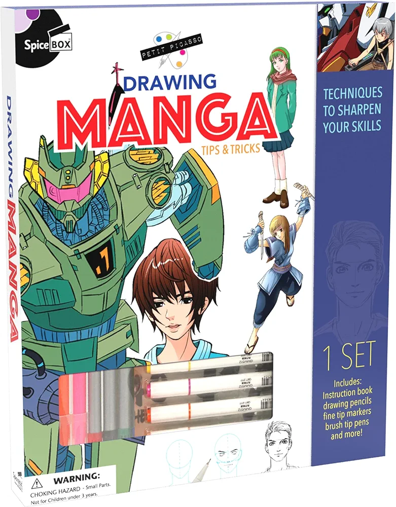 SpiceBox Learn How to Draw Anime Manga Cartoon Drawing Book Kit for Kids Beginners with Art Supplies, Children's Young Artist Arts and Crafts Activity Set