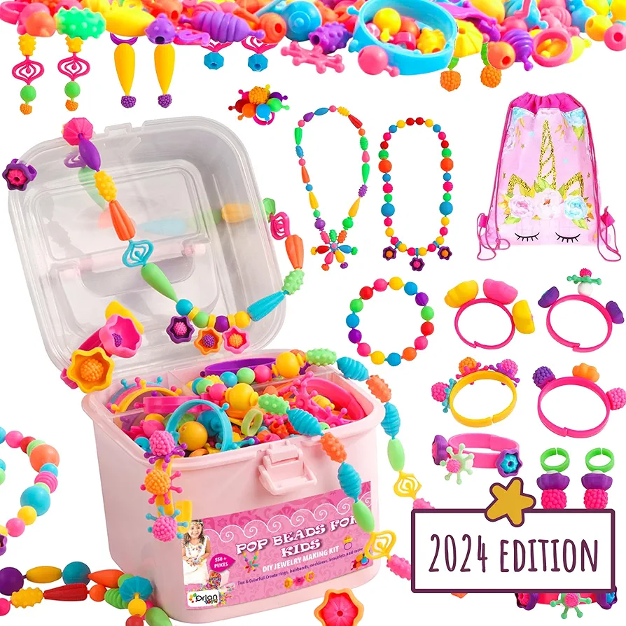 Orian Pop Beads Jewelry Making Kit for Girls, 550+ Piece Set for Girls Ages 3 and Up,Colorful Snap Beads,Bracelet,Necklaces and Rings Unicorn Gift Bag