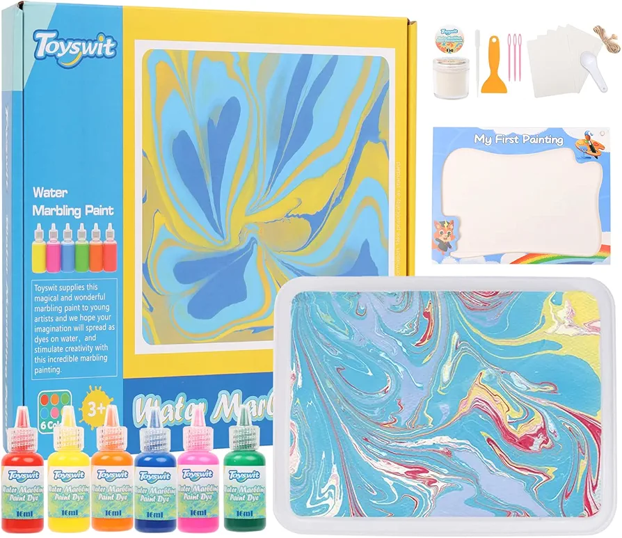 OyeArts Water Marbling Paint Art Kit for Kids-6 Colors, Non-Toxic Marble Kit as Perfect Toys & Christmas Gifts,Marble Painting Set - Arts and Crafts Kit Ideas for Girls Boys Ages 8-12 Kids Activities