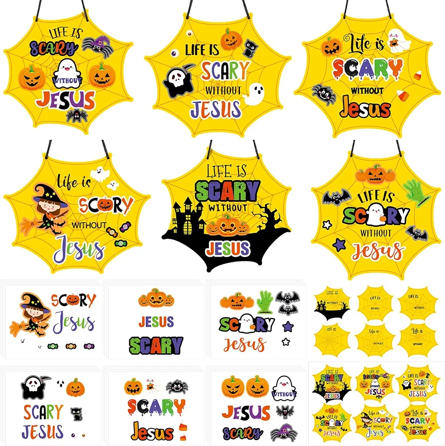 CroBlissful 24 Sets Halloween Crafts Kit for Kids Life Is Scary without Jesus Sign Craft DIY Halloween Ornaments Decorations Ghost Witch Bats Stickers for Kids Sunday School Fun Home Activities Decor