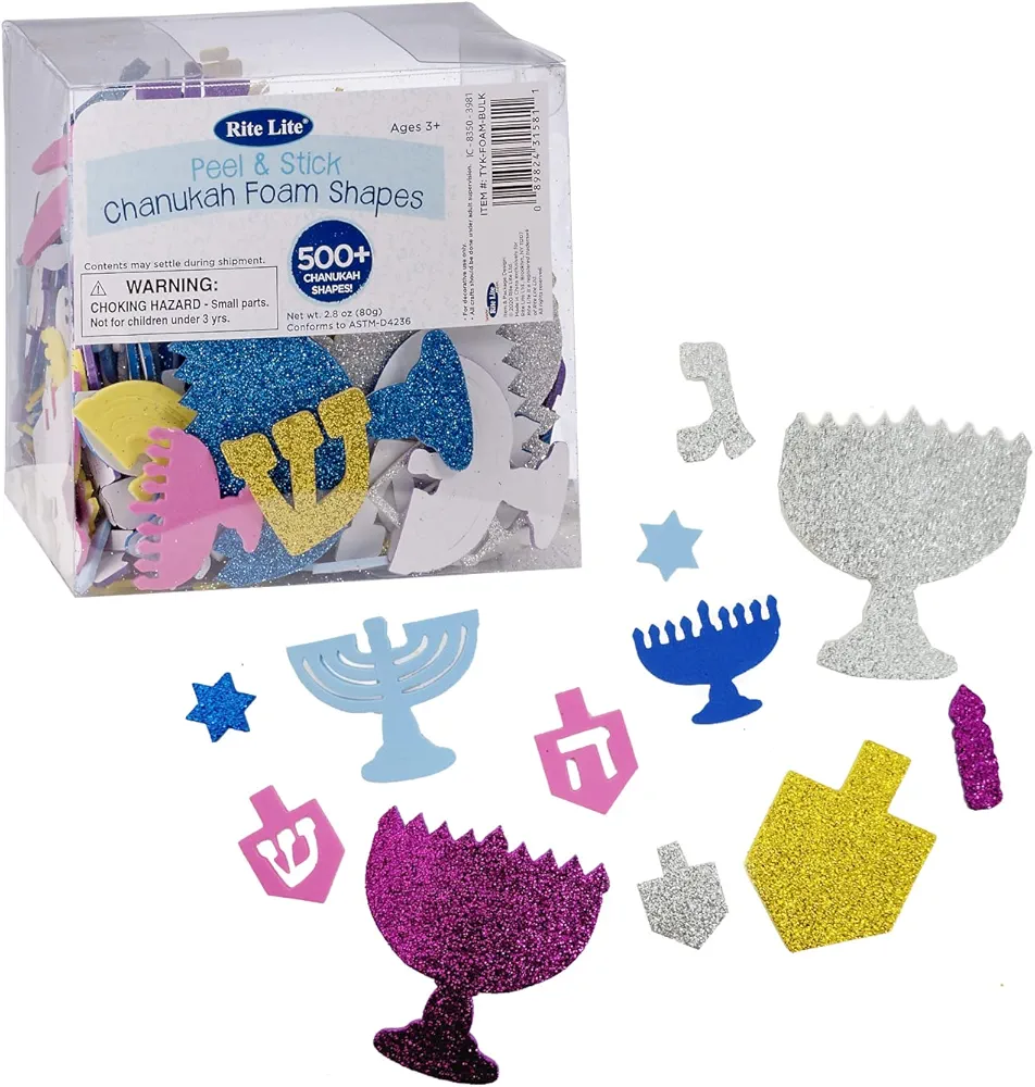 Rite Lite Hanukkah Foam Shapes Bulk Gift Set - Glitter Menorah Dreidel Jewish Holiday Stickers Hanukkah Gifts Decorations Goodie Bag Rewards Party Celebration Favors Toys for Kids! 500+ Shapes