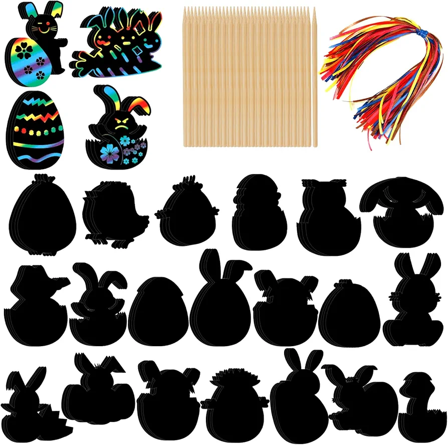 PEUTIER 96pcs Easter Bunny Scratch Paper Set, Easter Egg Animal Scratch Off Cards Rainbow Color Easter Crafts Kit for Kids with Colored Ropes & Bamboo Stylus for Party Home Classroom Art Projects