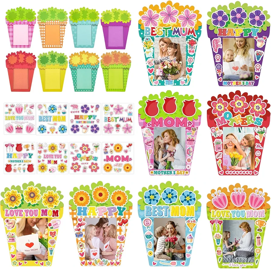 24 Packs Mother's Day Craft Kits Flower Love You Mom Picture Frame DIY Craft Art and Stickers for Happy Mother's Day Gifts Party Favor Decor